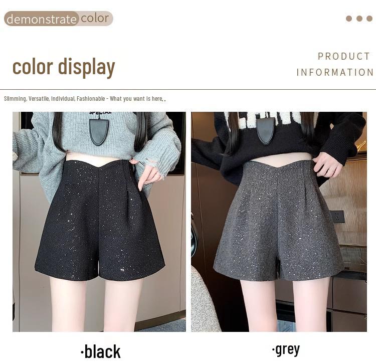 Women's Winter 2024 Black Woolen High-Waisted Wide-Leg Bootcut Shorts