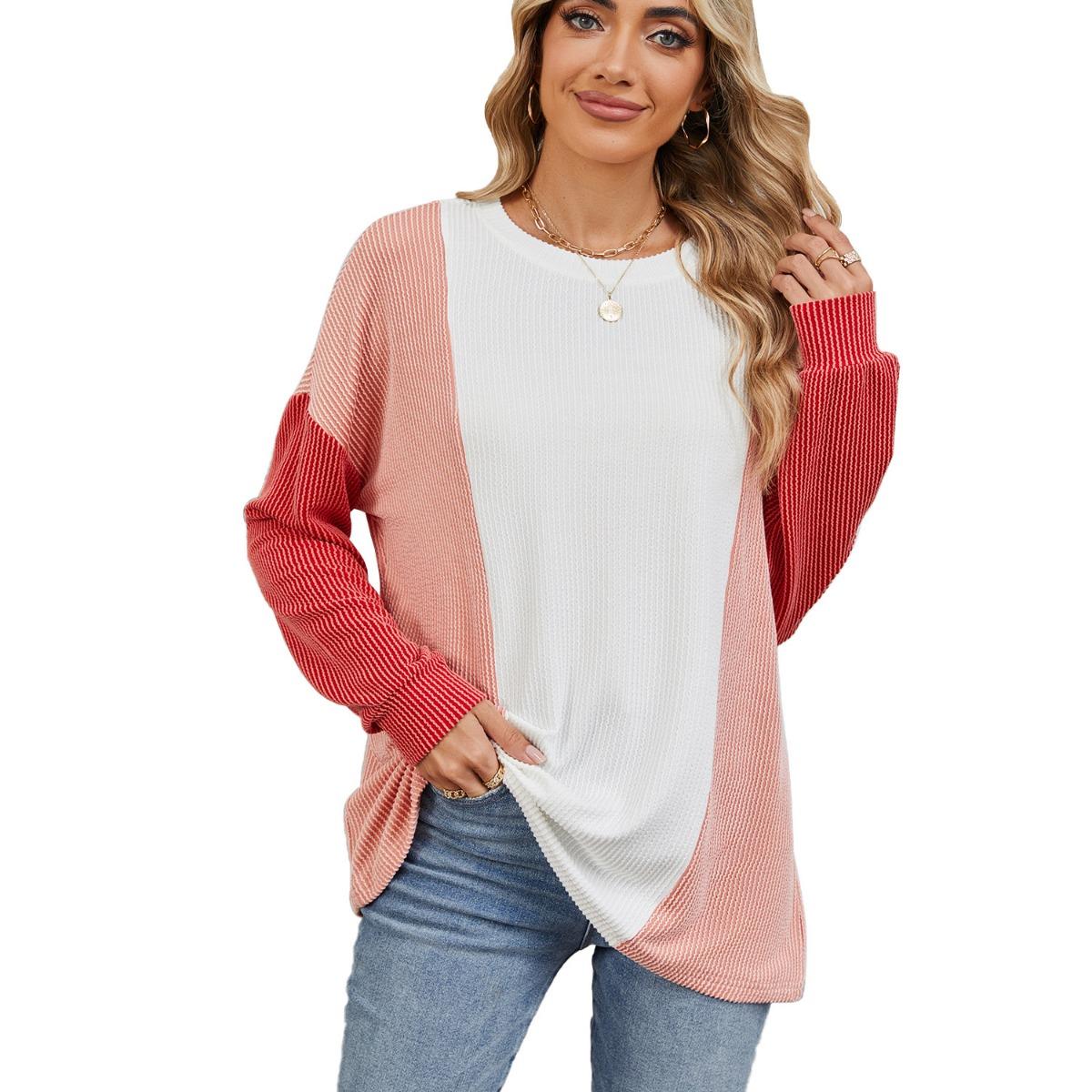 

Fall Winter New Women s Crew Neck Splice Loose Long Sleeve Pullover T-shirt Top For Amazon Cross-border Trade S белый