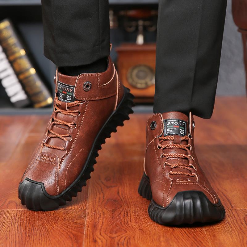 Fashion Winter Snow Boots for Men Cow Leather High Top Warm Cotton Shoes Male Fashion Casual New Designer Round Head Ankle Boots Men