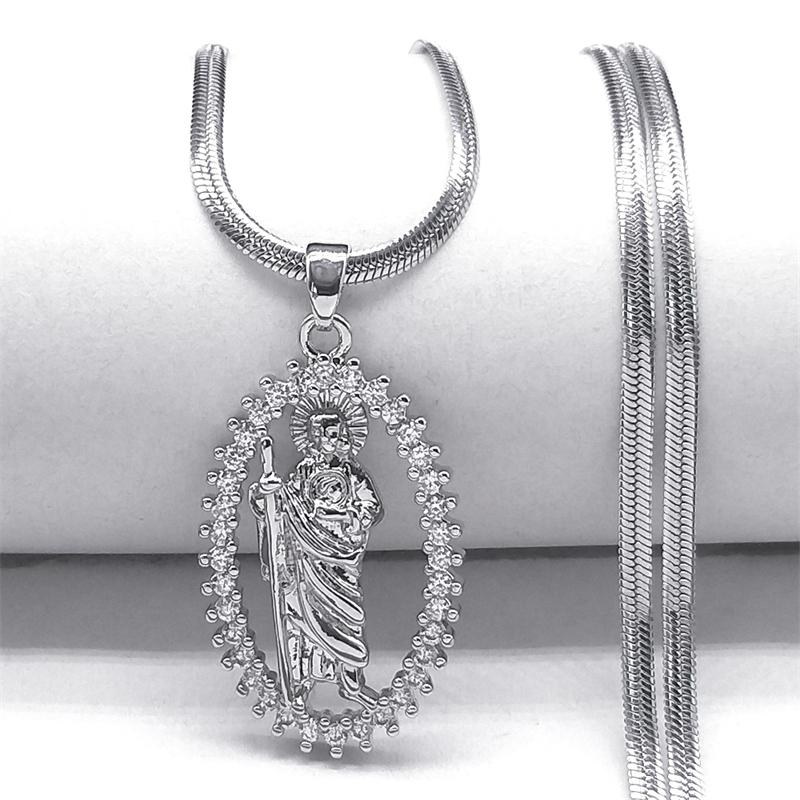 Saint St. Jude Thaddeus Zircon Shiny Necklace for Women Men Stainless Steel Gold Color San Judas Tadeo Necklaces Jewelry NGG43-4
