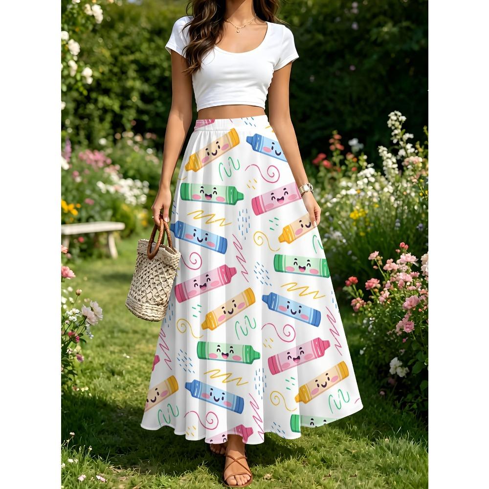 Women'S Colorful Crayon Smiling Face Print A-Line Casual Long Skirt, Summer Versatile Seaside Style