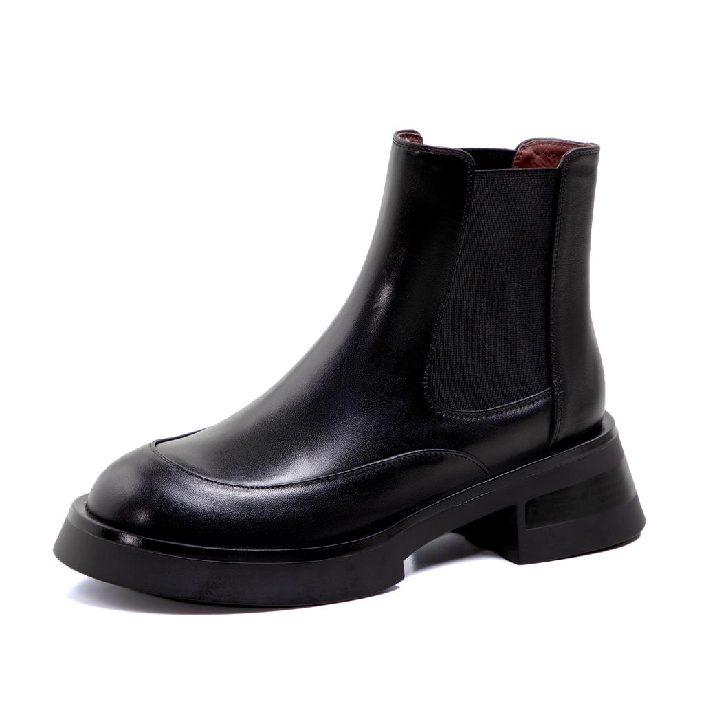 2024 Hot Sale Fashion Genuine Leather Shoes Women Chelsea Boots Stretch Slip on Comfortable Mid Heels Platform Ankle Boots Women