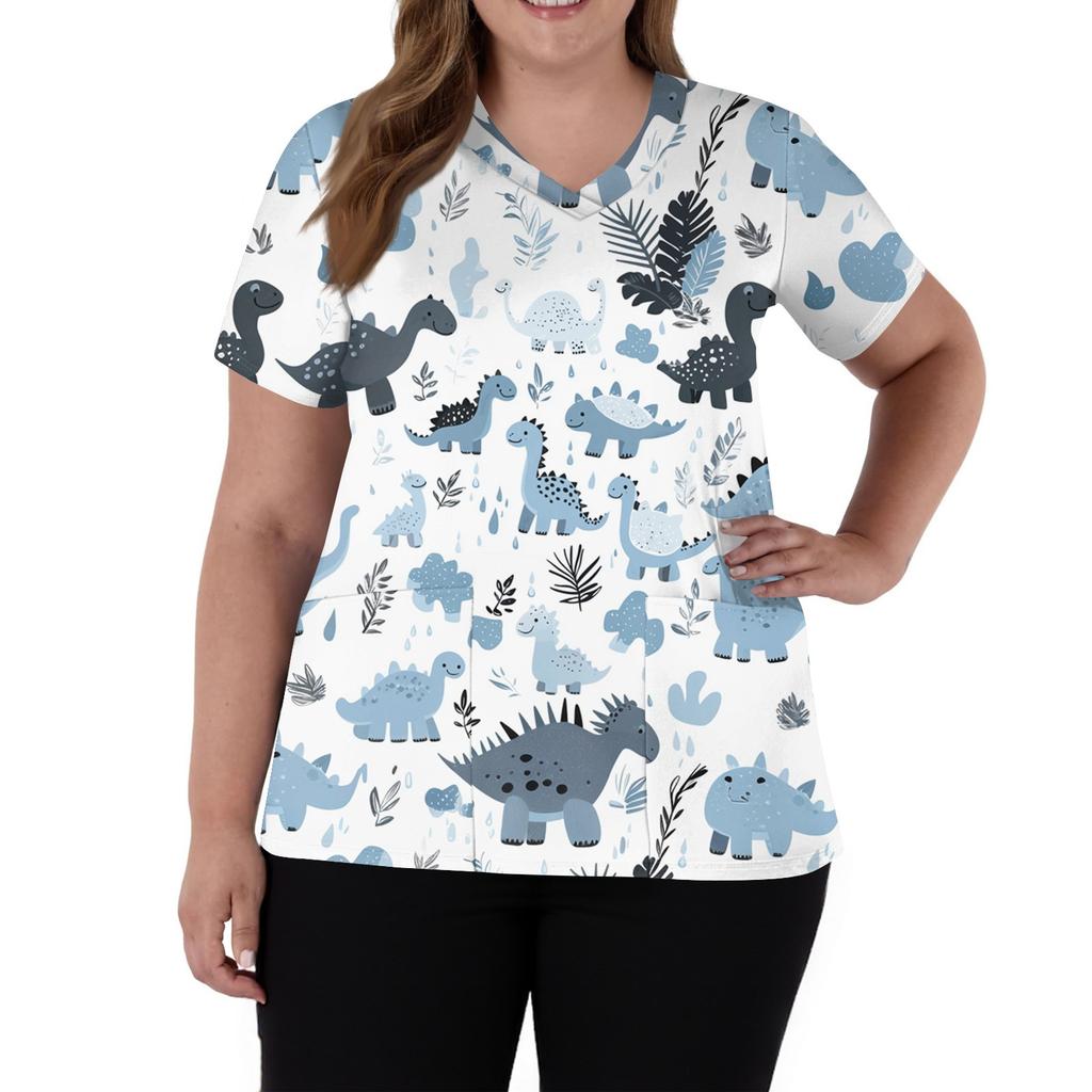 Women's Fashion V-Neck Short Sleeve Overalls With Pockets  Print Tops  Clothes