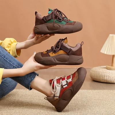 Damenschuhe Herbst Neu Retro Vielseitige Sportschuhe Modische Dicke Sohle Runde Zehenpartie Weiches Leder Lässige Einzelne Schuhe