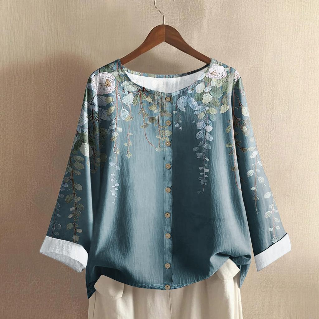 Women's Fashionable And Casual Shirt Long-sleeve Round Neck Print Cotton And Linen Blouse Top
