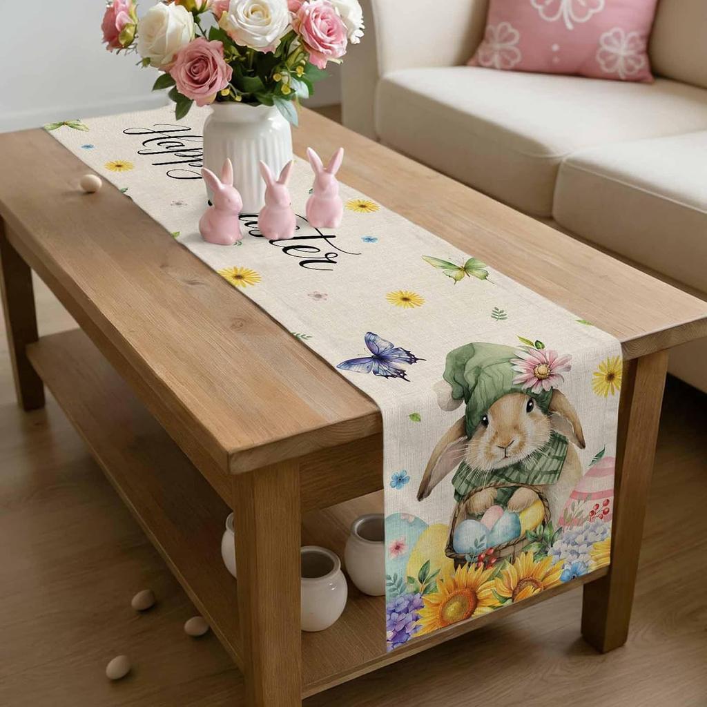Happy Easter Bunny Floral Egg Linen Table Runner Party Decor Spring Sunflower Hydrangea Butterfly Table Runner Easter Decoration