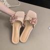 Fashion New Summer French Square Head Thick with Pearl Flower Flip-flops Women Wear Open-toed Flip-flops with Mid-heels Zapatos Mujer