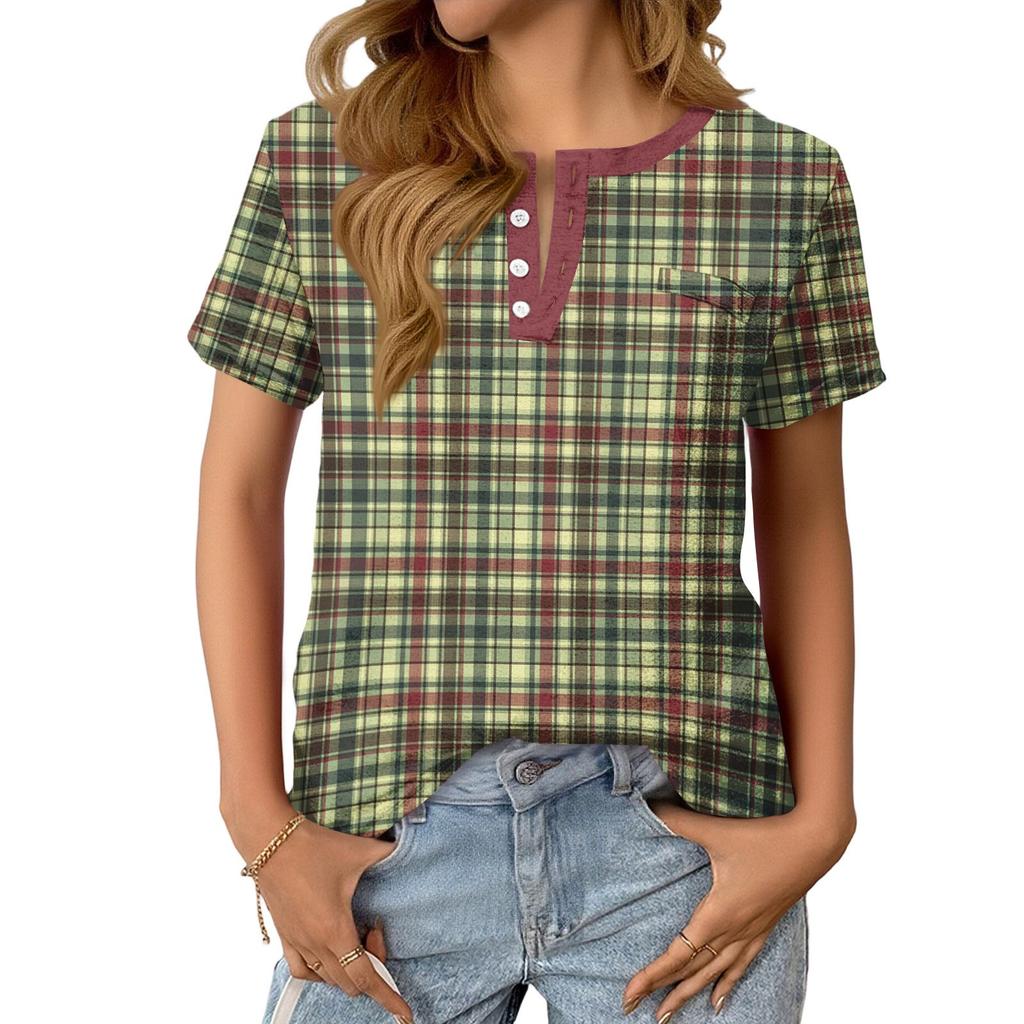 Modisches Lässiges Sommer-Karomuster V-Ausschnitt Knopf Kurzarm-Oberteil für Damen