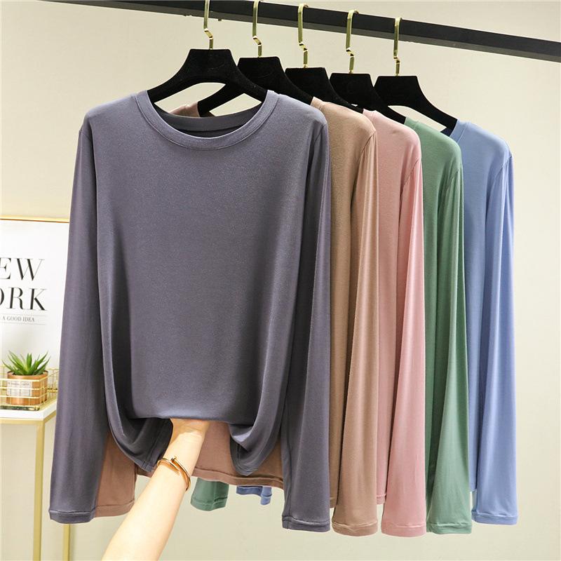 Damen Modal Langarm T-Shirt Rundhalsausschnitt Einfarbig Schmale Passform Basic Unterhemd Dünn Vielseitig Lässiges Oberteil