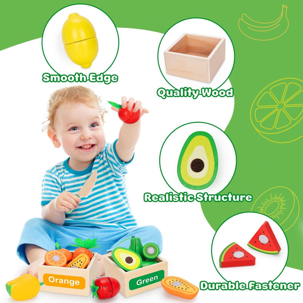 TooyBing Wooden Play Food Toy Set for Kitchen 30 Montessori Cut Color Sort Fake Fruit Accessories with 4 Toddler Play Birthday Gift for Boys and Girls