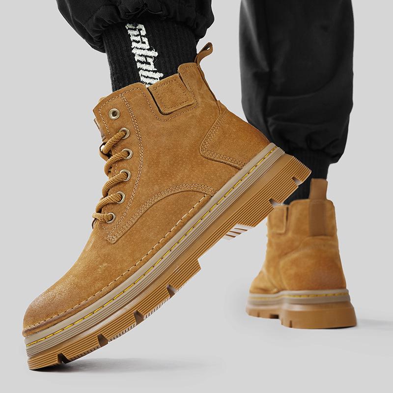 Men's Genuine Leather High-Top Martin Boots - Yellow Retro Winter Snow Shoes with Plush Lining