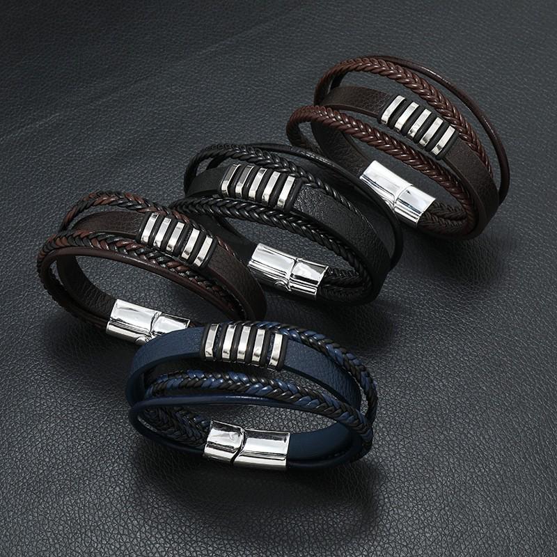 European-American Retro Style Zinc Alloy Multi-Layer Hand-Woven Men's Leather Bracelet.
