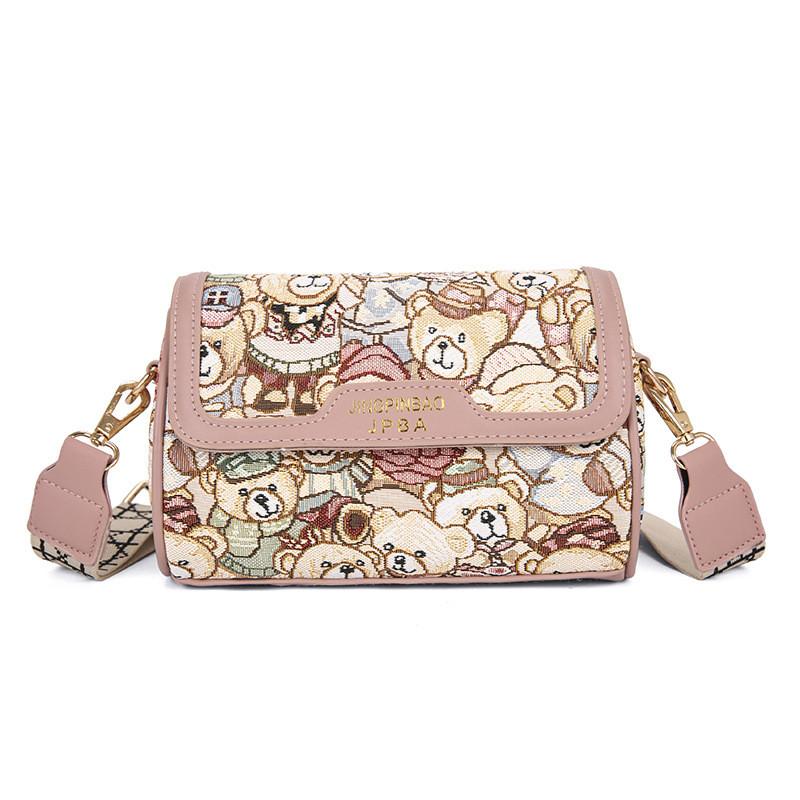 Small Bear Embroidered Woman Bag Small Square Bag With Cotton Linen Material