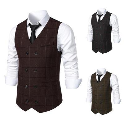 European Plaid Double-Breasted V-Neck Retro Men's Suit Vest for Autumn/Winter