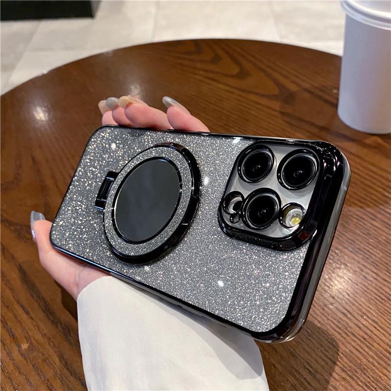 Apple 16 Magnetic Mirror Stand Case: Electroplated Glitter, Full Coverage for iPhone 15/17 Pro Max.