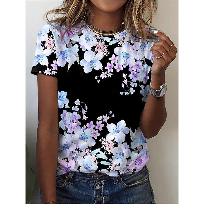 Summer Floral Flower Graphic T-Shirts 3D Print Women's Round-Neck Short Sleeve T Shirt Harajuku Tees Y2k Tops Female Clothing