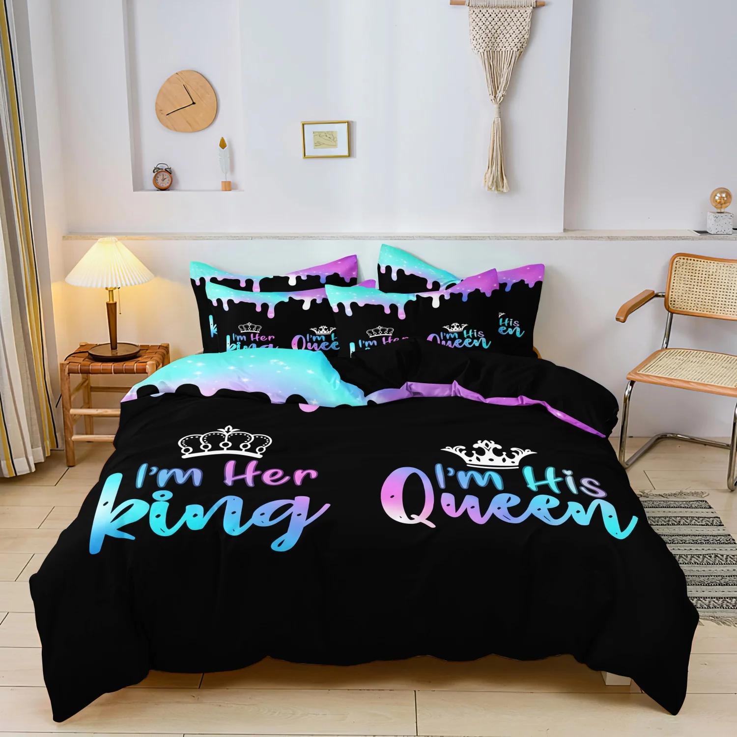 

3pcs Valentine S Day Bedding Set Romantic couple Crown Letter Duvet Cover Set Gifts for Lover Queen King Size (135x200cm)