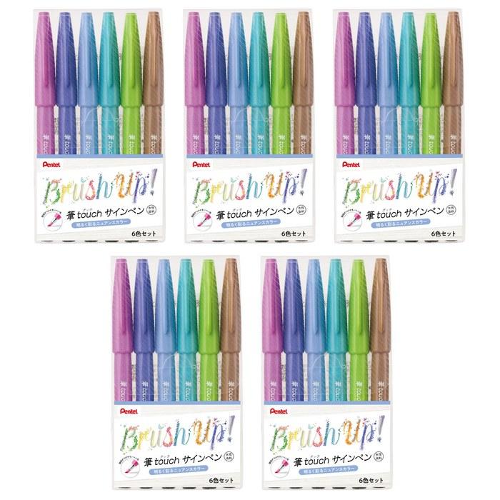 Pentel Sign Pen Набор из 6 цветов с кисточкой C (5-Pack) SES15C-6STC, 6 цветов