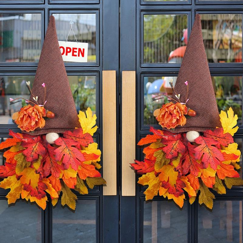Fall Wreaths for Front Door Gnome Maples Leaf Wreath Thanksgiving Decoration
