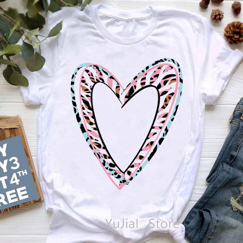 2025 Leopard Love Print T-Shirt Women Summer Fashion Tshirt Femme Harajuku Kawaii Clothes White Casual T Shirt Female