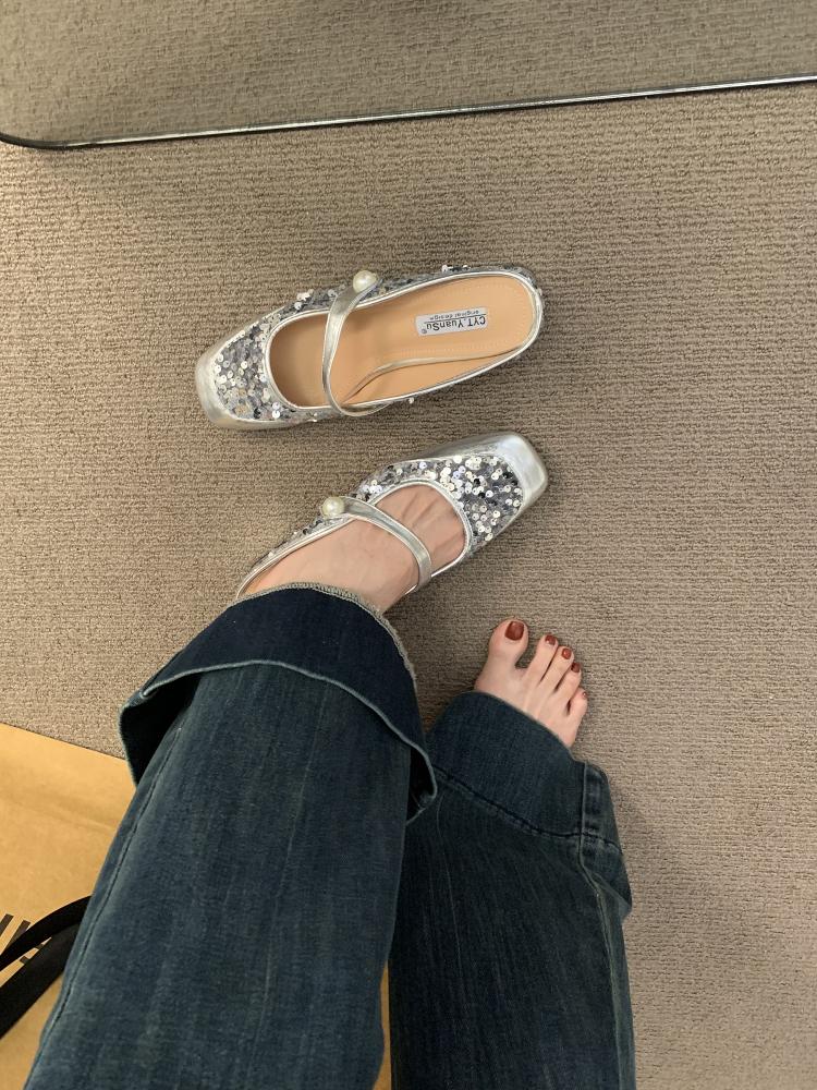 Fashion Square Toe Shoes Woman's Slippers String Bead Slides Block 2025 Cover Bling Scandals Mary Janes Square heel Cover Toe String Bea