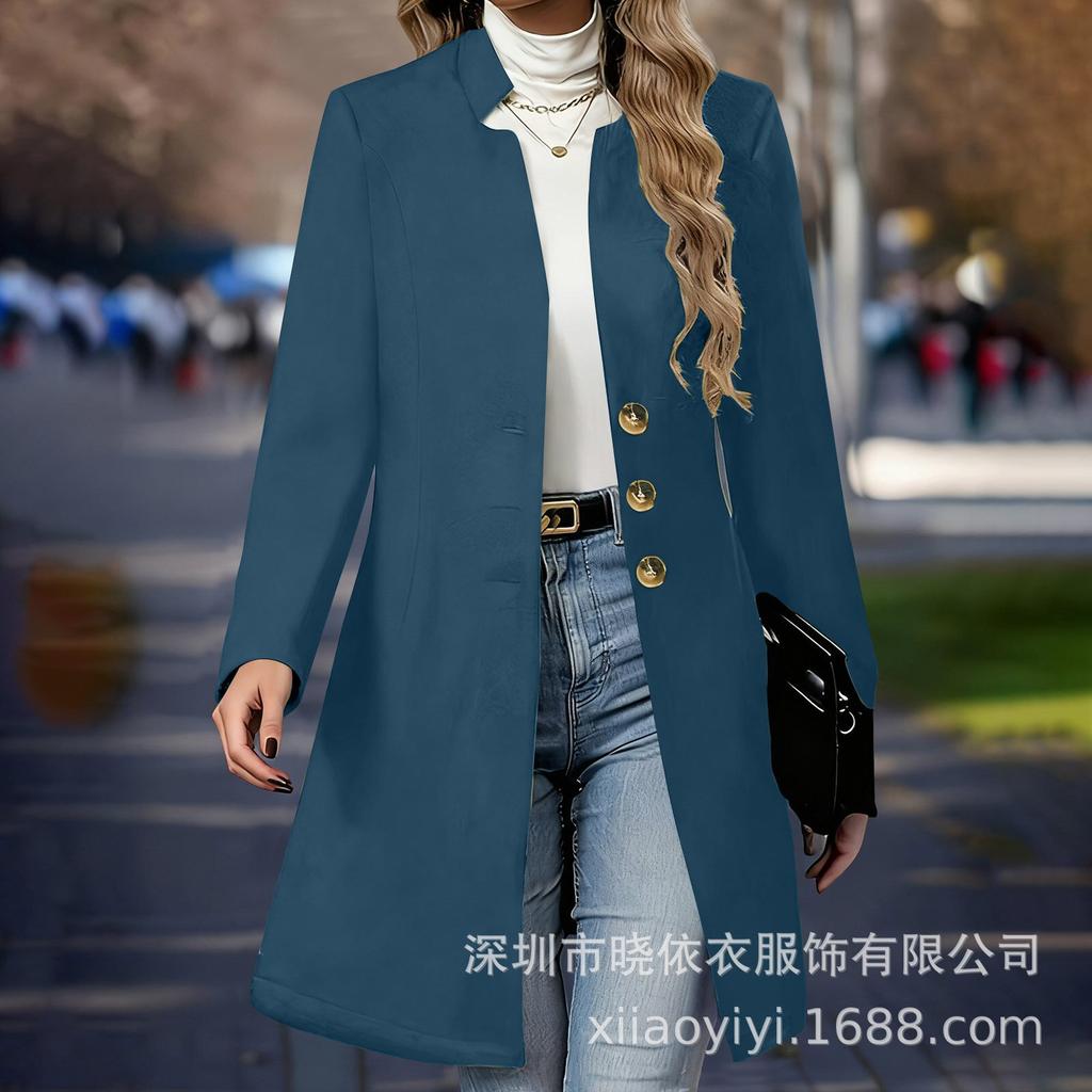 Cappotto Lungo in Lana da Donna con Collo Alto a Doppiopetto Autunno Inverno Colore Unico Ampio Lunghezza Media Blazer Capospalla