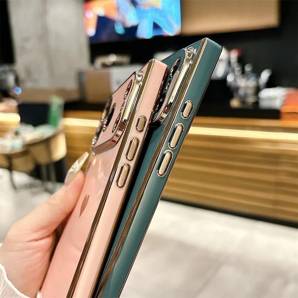 Fashion Plating Glossy Silicone Heart-Shaped Case For IPhone 17 Pro Max Air 16 15 14 13 12 11 Plus Shockproof Bumper Back Cover