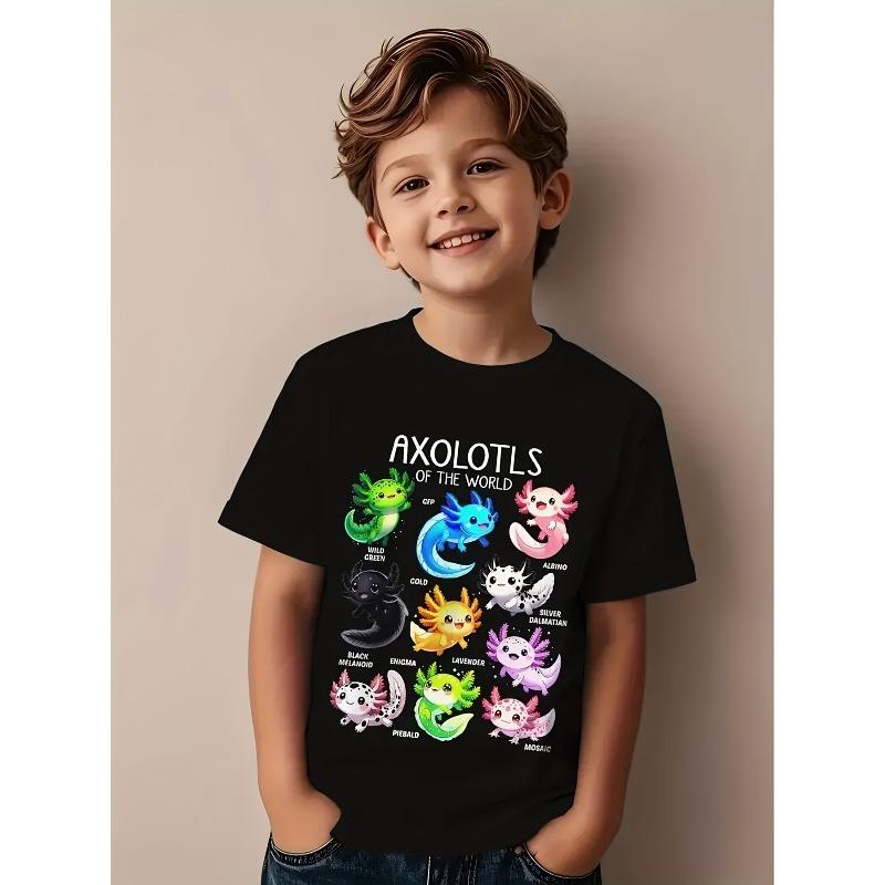 

European sizes Boys Stylish Lizard Print T-Shirt - Lightweight, Breathable, And Quick-Drying Short-Sleeve Shirt Featuring a Vibrant Cartoon Design 164cm чорний