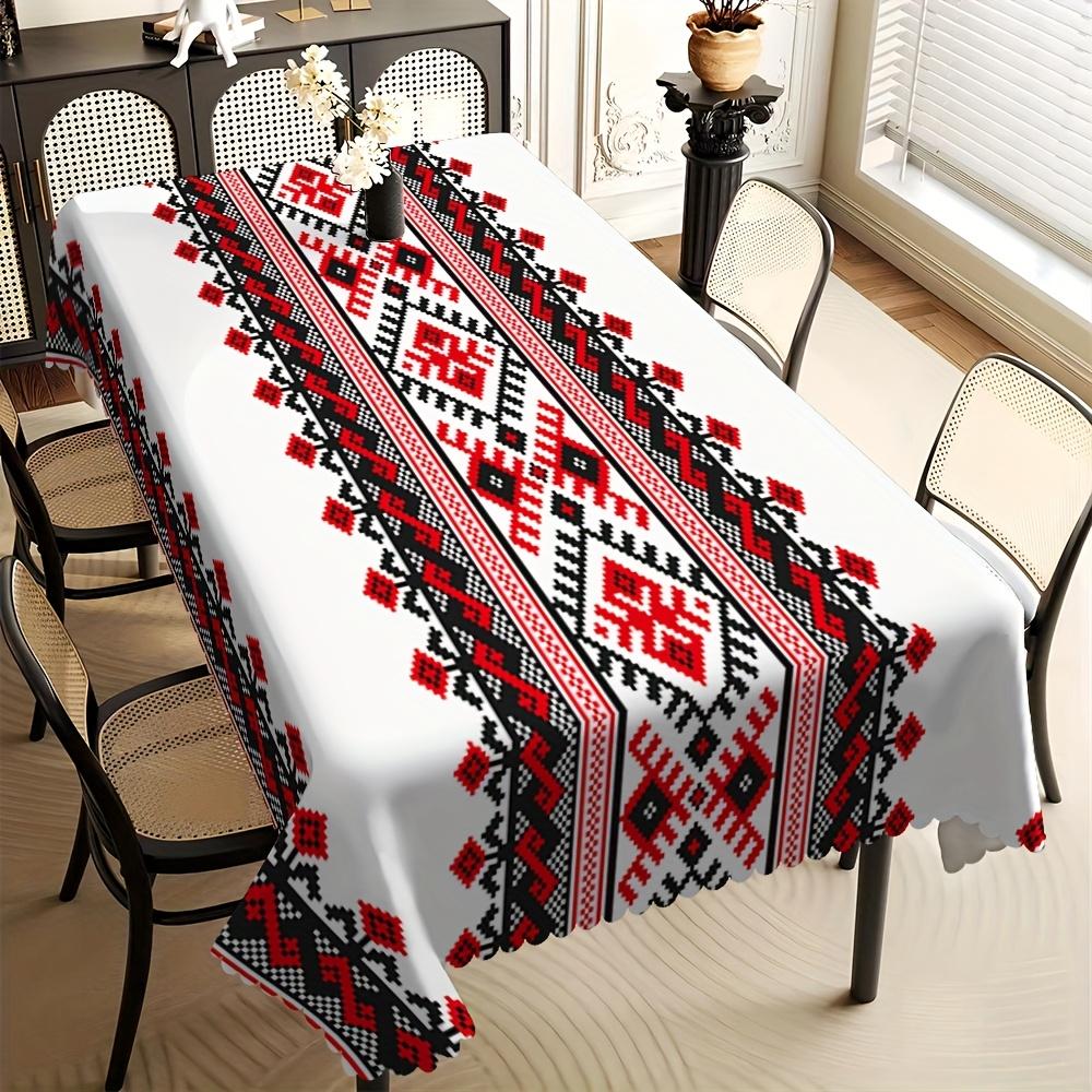 Stijlvol Rood & Zwart Geometrisch Tafelkleed, Etnisch Stammenpatroon, Schone Golvende Rand, Vuilafstotend, voor Keuken, Feest & Casual 140x140cm