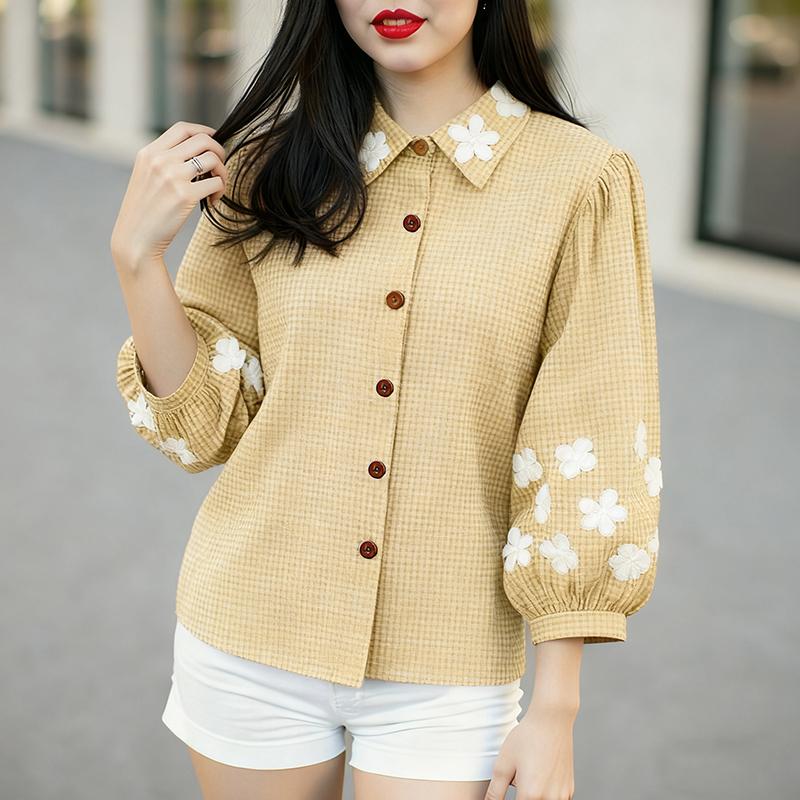 ZANZEA Women Casual Turn Down Collar Loose 3/4 Sleeve Grid Print Blouse