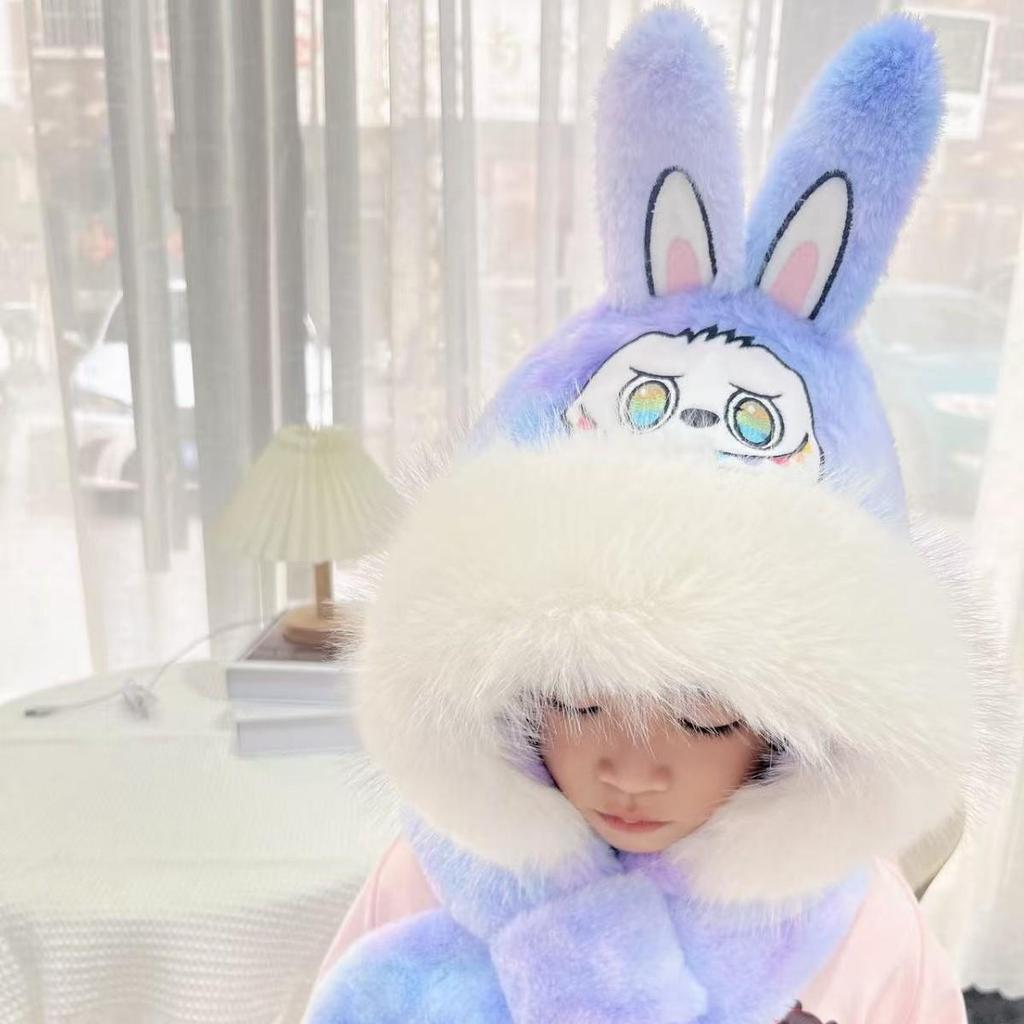 All-in-One Cartoon Embroidery Hat, Scarf & Gloves for Kids - Windproof & Warm with Ear Protection for Autumn & Winter.