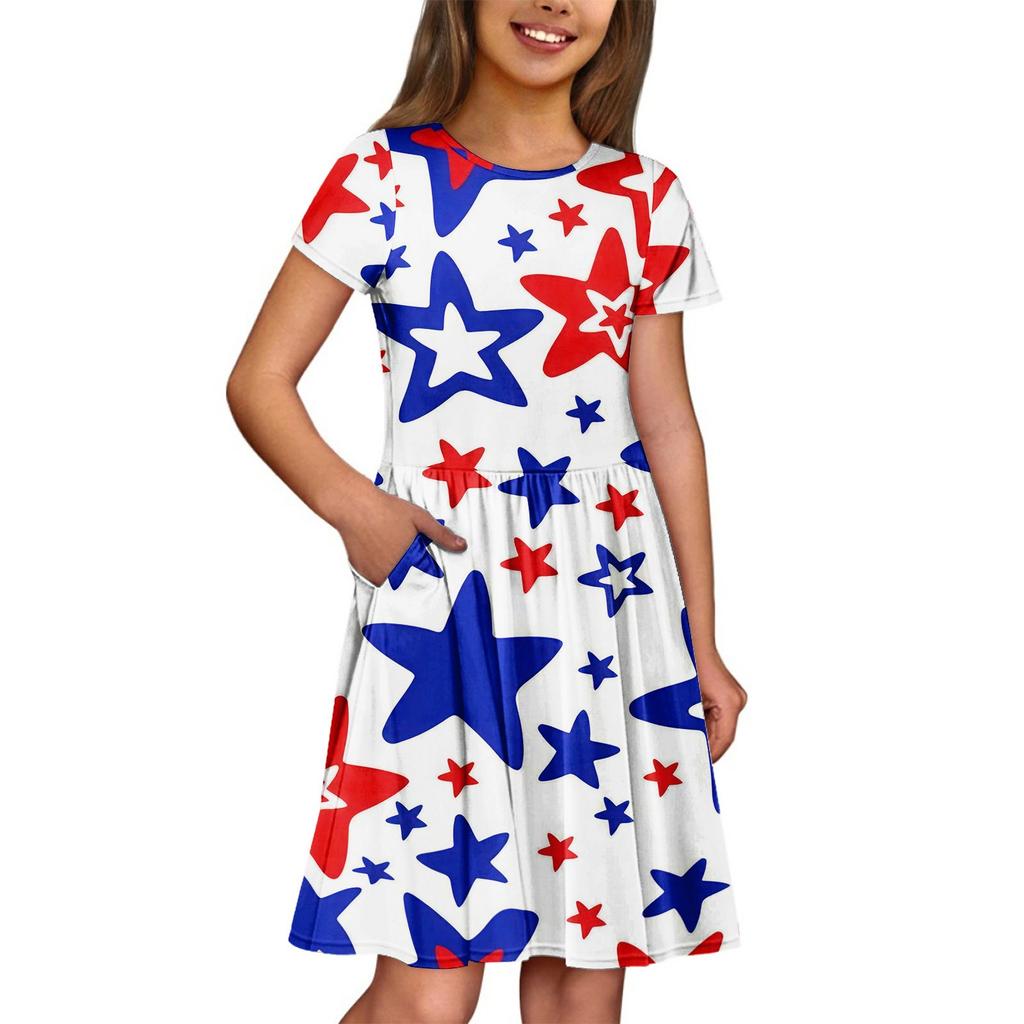 Mädchen Sommerkleid Einfarbig & Druck Ärmelloses Kleid mit Tasche Freizeitkleid Kurzarm Partykleid