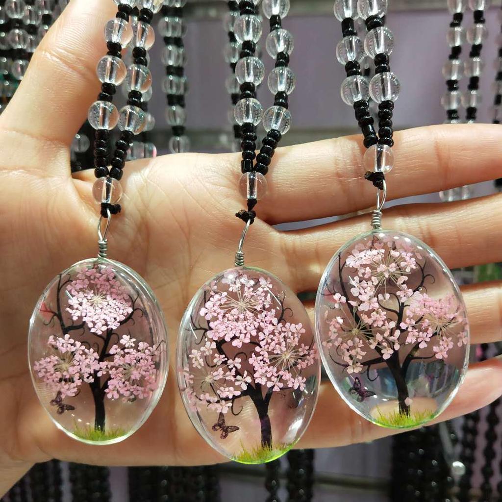 Oval Lace Dried Flower Necklace Tree of Life Plant Eternal Flower Glass Ball Pendant Handmade Jewelry