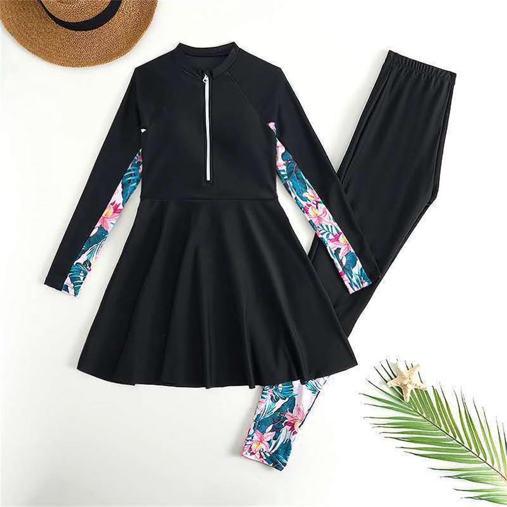 Dziecięcy dwuczęściowy strój kąpielowy z długim rękawem, z zamkiem z przodu, top typu rash guard i osobne majtki, strój kąpielowy zakrywający całe ciało dla chłopców i dziewcząt