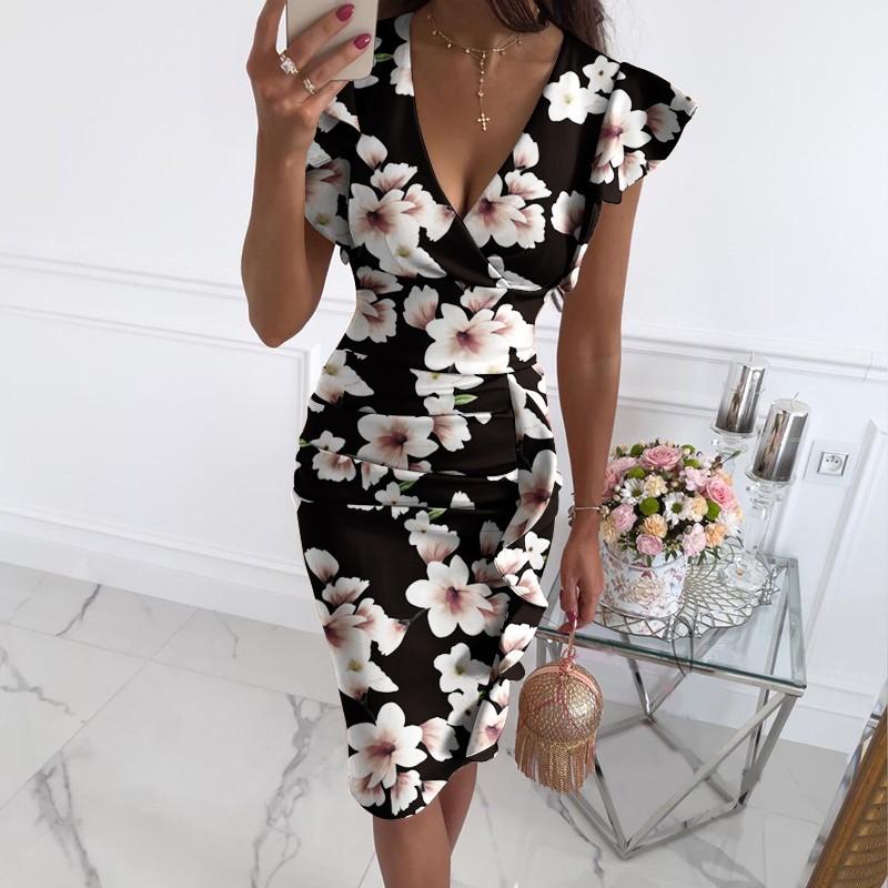 BITCED Damen Sommerkleider mit V-Ausschnitt, schmaler Taille, Kordelzug und Rüschen an der Hüfte