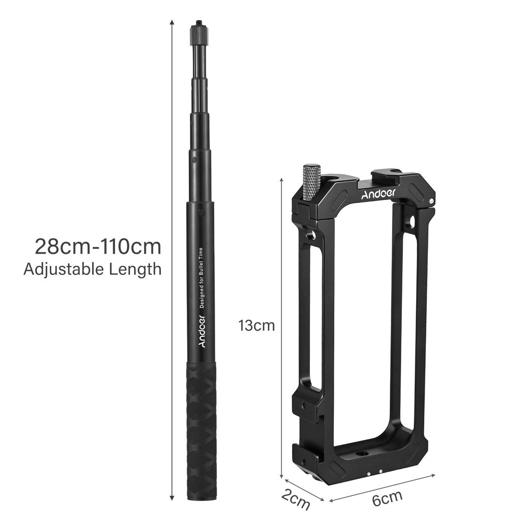 Andoer Camera Video Cage with Dual Cold Shoe Mounts + Invisible Selfie Stick 28cm110cm Adjustable