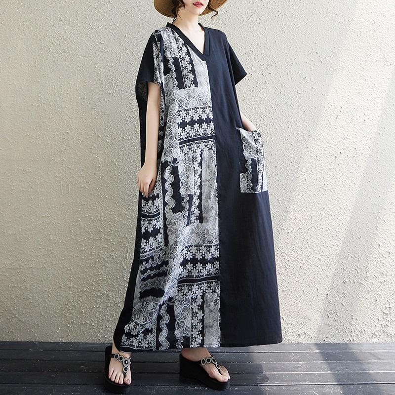 Kurzarm Plus Size Baumwolle Vintage Blumenmuster Neu in Kleidern für Damen lässig locker Maxi langes Sommerkleid