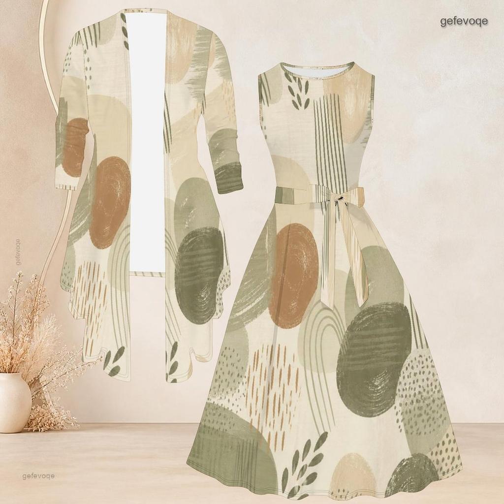 Women Plus Size Two Piece Set Round Neck Sleeveless Tie Waist Flared Dress 3 4 Sleeve Printed Cardigan