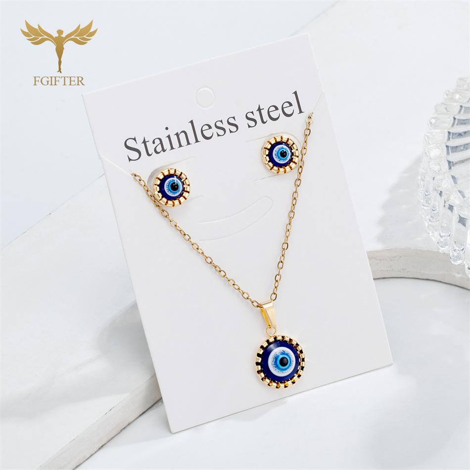 Fashion Turkish Blue Resin Eye Zircon Set Stainless Steel Chain Pendant Necklace Stud Earrings Women Accessories Lucky Amulets