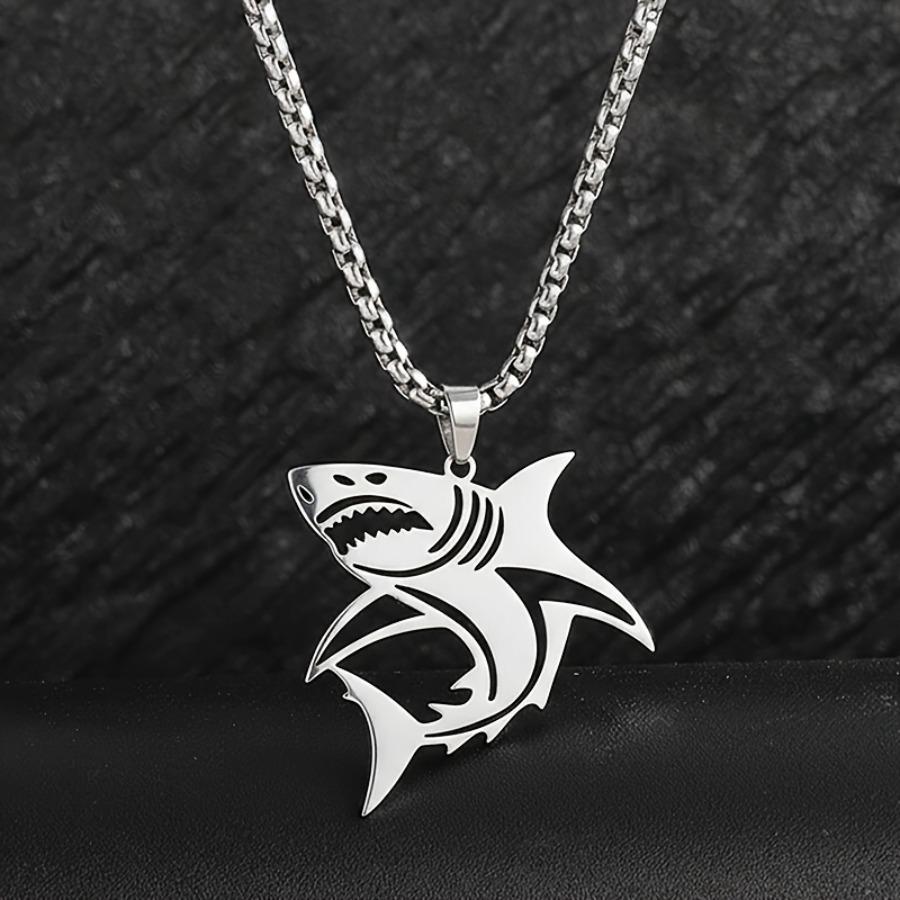Unique Shark Hollow Pendant Necklace with Stainless Steel Cuban Chain, a Stylish Streetwear Piece for Men