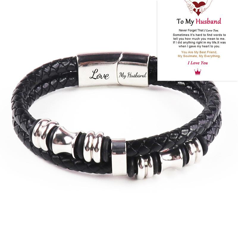 Leather rope bracelet cowhide men's double-layer stainless steel leather woven bracelet handmade multi-layer bracelet