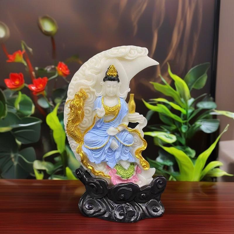 Mondsichel Drache Guanyin Skulpturen und Figuren handgeschnitzte Buddha-Figuren Heim Zimmer Büro Reichtum Glück Feng Shui Dekor