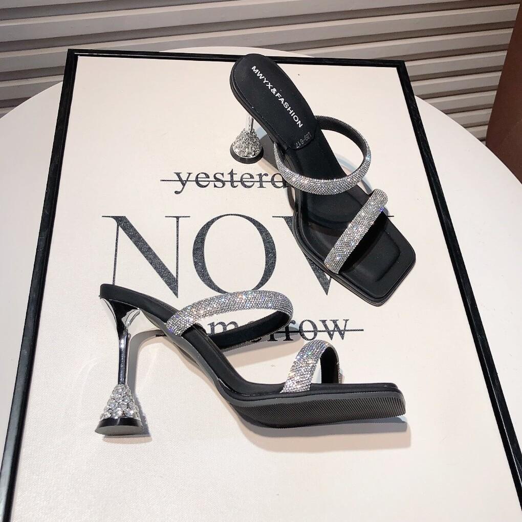 Backspace Thin Heel Temperament Socialite 2025 Summer New Square Head High Heels Rhinestone Word with Cool Slippers Women