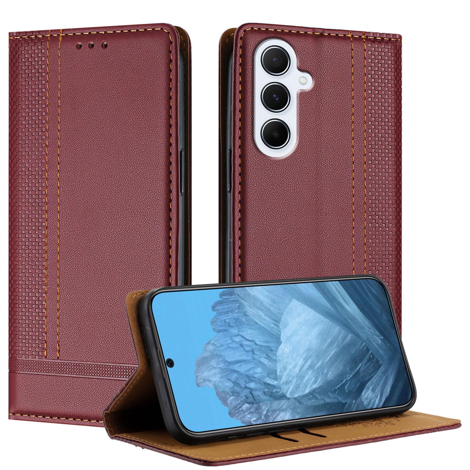 

For Samsung Galaxy A17 Case L-Shaped Grid Pattern Leather Stand Phone Cover with Card Slots Wine Red