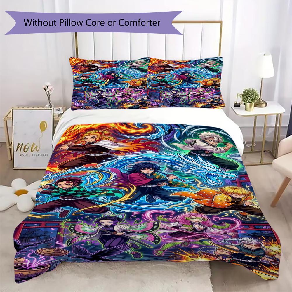 Demon Slayer Patterned Pillowcase & Duvet Cover Set Beautiful Anime Bedding Decor Ideal Gift for Anime Fans.-Xin