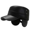 New Winter Pu Thickened Cold and Windproof Ear Protection Casual Flat Top Hat, Military Hat
