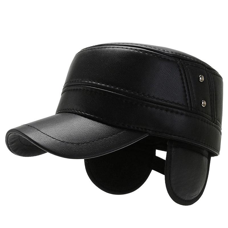 New Winter Pu Thickened Cold and Windproof Ear Protection Casual Flat Top Hat, Military Hat