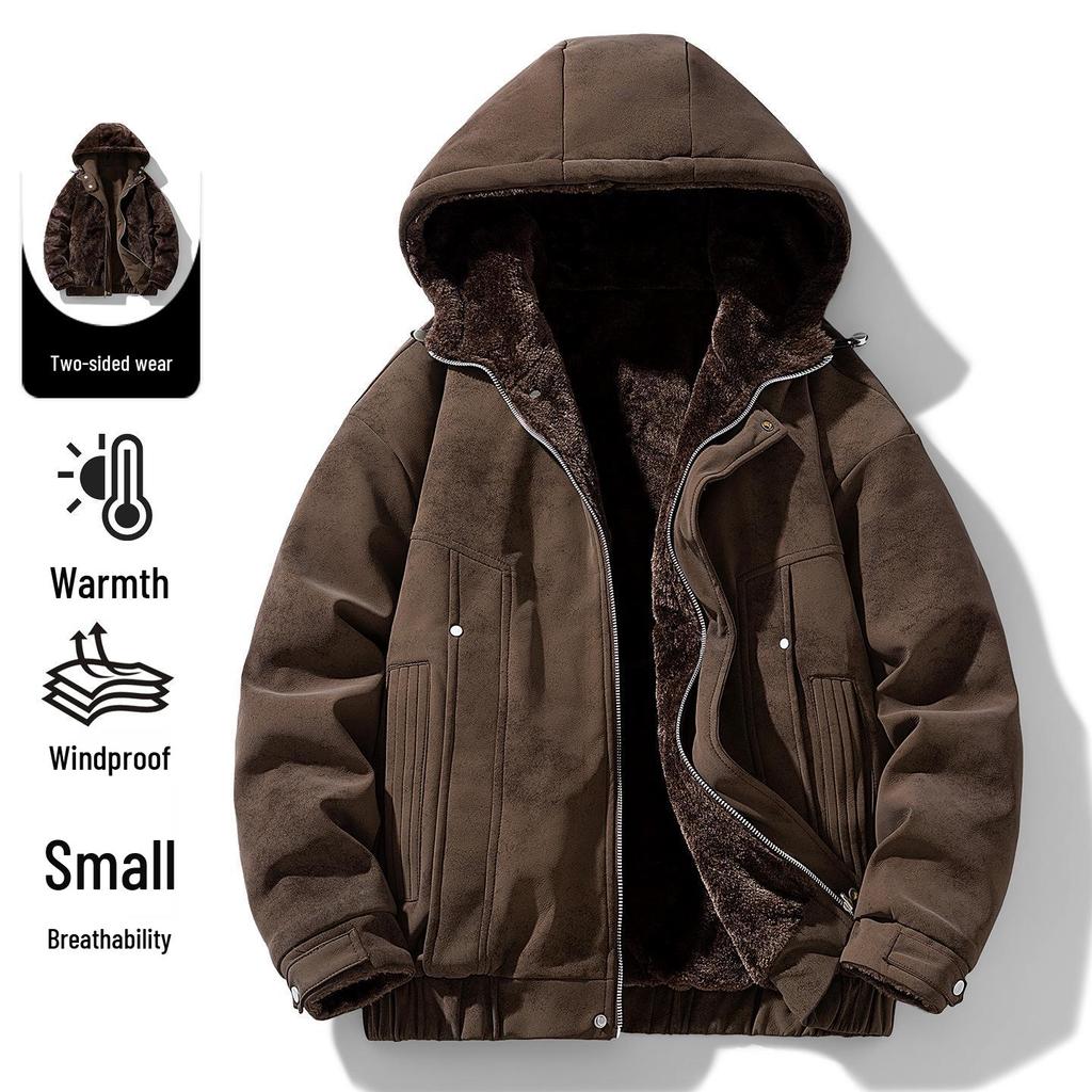 2025 Winter Men's Hooded Cotton Jacket with Faux Rabbit Fur: Thick, Warm, Double-Sided, and Loose-Fit