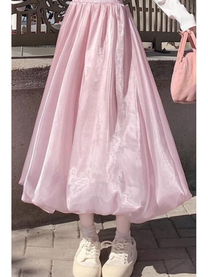 Women's Shimmering Pink A-line Tulle Midi Skirt with Pearl Puff Flower Design, High Waist, Perfect for Spring, Summer, and Autumn