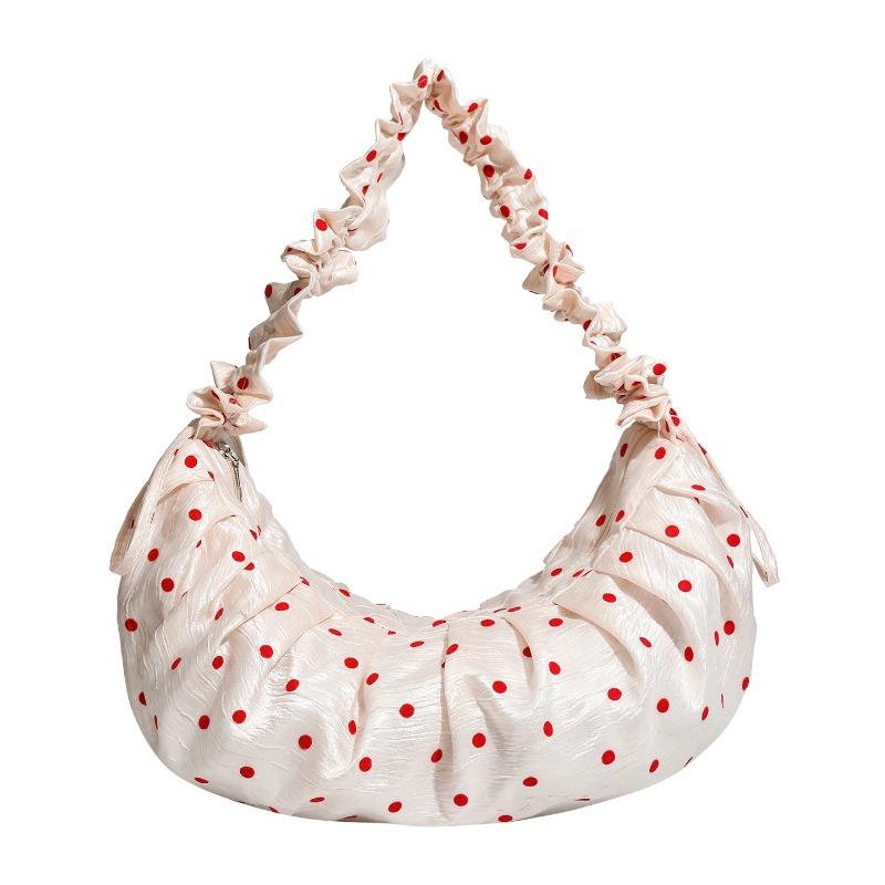 Pleated Lace Polka Dot Dumpling Bag, Drawstring Zipper Crossbody Bag, Commuter Tote Bag Casually